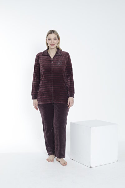 ROMEO LİFE Women's Plus Size Cotton Zippered Velvet Tracksuit Set - Dusty Rose 2289-B