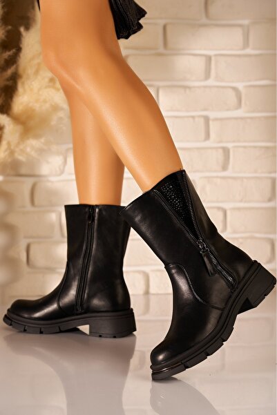 Joana Dhani Μαύρες Δερμάτινες Κοντές Γυναικείες Μπότες