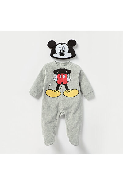 Juniors Mickey Mouse Detail Closed Feet Velour Sleepsuit with Beanie