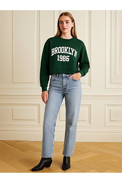 Ltb Long Sleeve Crew Neck Slogan Printed Green Sweatshirt