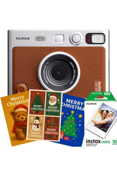 Fujifilm Instax Mini Evo Hybrid Instant Camera - Brown (with 1x10 film & 3 Merry Christmas cards)