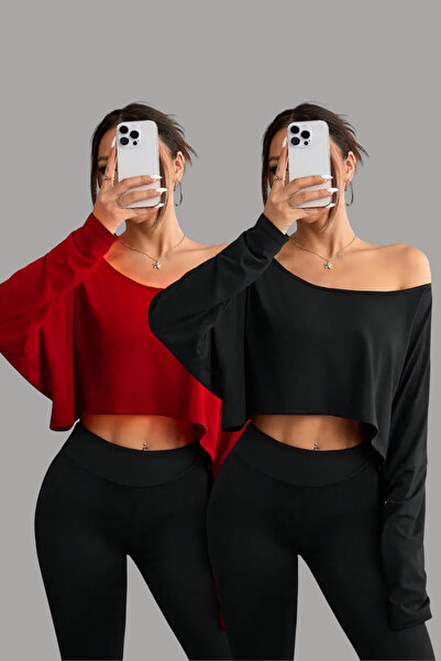 COOL TARZ Red - Black 2-Piece Women's Off-Shoulder Boat Neck Oversized Long Sleeve Crop T-Shirt