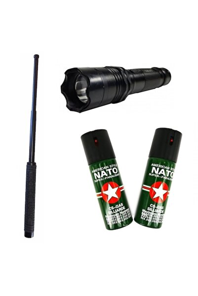 OEM Self-defense kit: Telescopic Baton 50 cm, Flashlight with Stun and Laser HV-1108 and 2 Natto Sprays