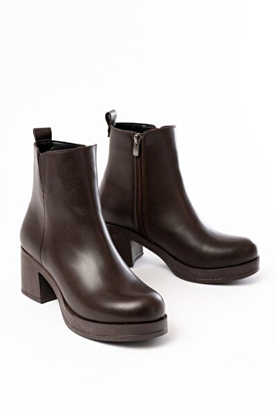 Aymood 5109-3057 Brown Elastic Zippered Thick Heeled Daily Women's Boots