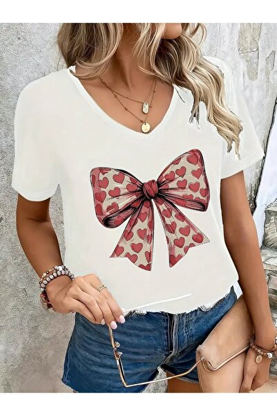 WOODROFFE تي شيرت نسائي برقبة على شكل حرف V وربطة على شكل قلب أبيض وأسود مطبو...