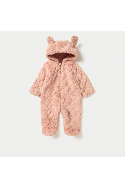 Juniors Faux Fur Textured Hooded Sleepsuit with Applique Detail and Zip Closure