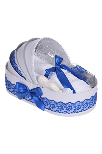 BebeNou Set botez din dantelă albastră în coșuleț Moise pentru băieți - NKO5256