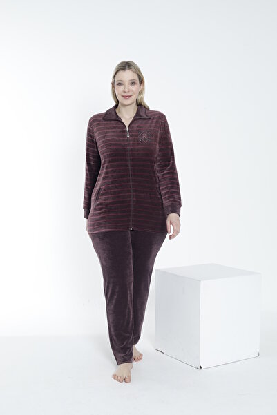 ROMEO LİFE Women's Plus Size Cotton Zippered Velvet Tracksuit Set - Dusty Rose 2289-B