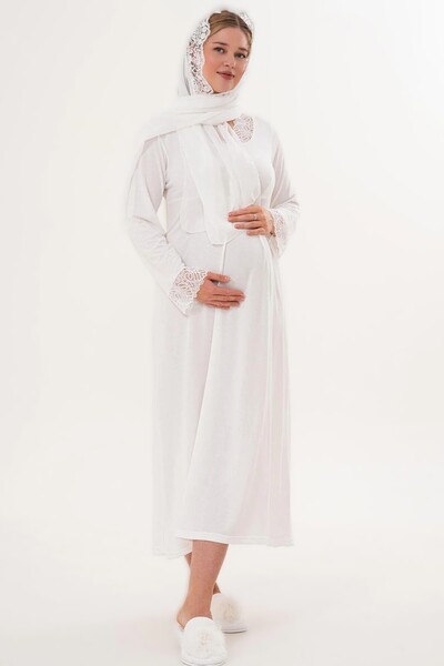 Generic Brand Women's Shawl Collar Lace Detailed Long Dressing Gown Maternity Nightgown Dressing Gown Set