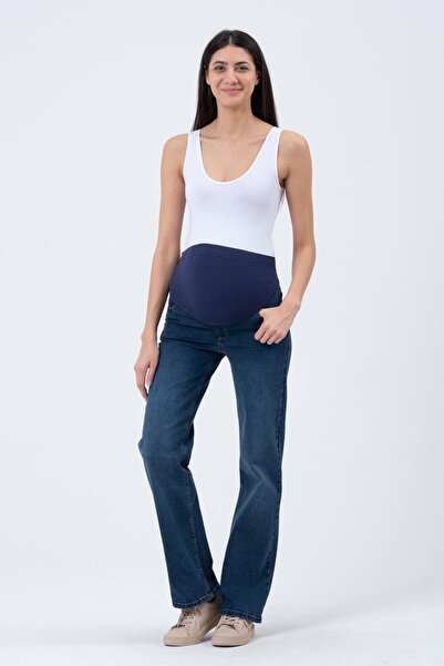BUSA Maternity Jeans with Stretchy Band and Back Belt, Wide Leg, Dark Blue
