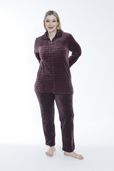 ROMEO LİFE Women's Plus Size Cotton Zippered Velvet Tracksuit Set - Dusty Rose 2287-B