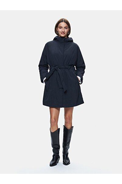 Ltb Long Sleeve Hooded Navy Blue Coat with Elastic Waist