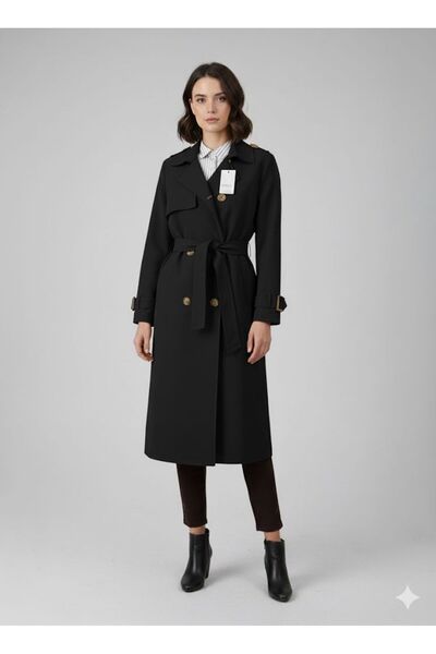 QUAWEAR Lined Medium Length Trench Coat with Belted Epaulettes