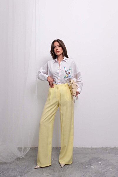 Hatun Atila Relaxed Fit High Waist Flowy Double Leg Pants 4318 - Yellow
