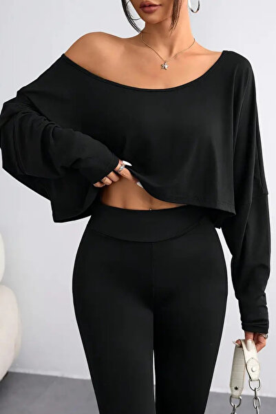 Tarz Cool Black - White - Navy Blue 3-Piece Women's Off-Shoulder Boat Neck Oversized Long Sleeve Crop T-Shirt