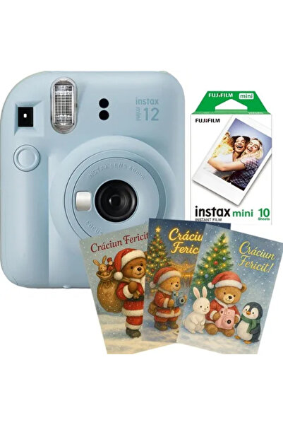 Fujifilm Instax Mini 12 Albastru - Set cadou aparat foto instant (film 10 cadre + 3 felicitări de Crăciun)