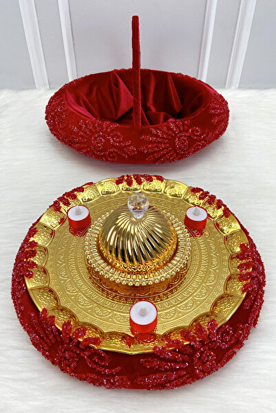 ZEYMERADE Kırmızı Gelin Kına Gecesi Tepsisi ve Sepeti Takımı, Lüks İthal Kadi...