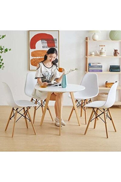 Taimi White Round Dining Table 80x80x72cm With solid Wooden Legs Suitable For Dining and Living Room