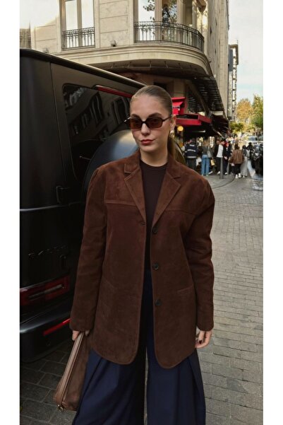 BRTC design Дамско яке от суед с джобове и горчив кафеен цвят