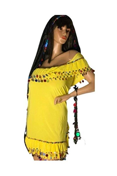 Generic Traditional Oriental Dance Dress with Short Ruffled Hem & Colorful Coin Trim