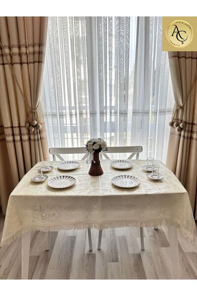Altın Çeyiz Tekstil Tablecloth, Wrinkle-Free Fabric, Cream Circular Pattern – Tasseled – Stain Resistant