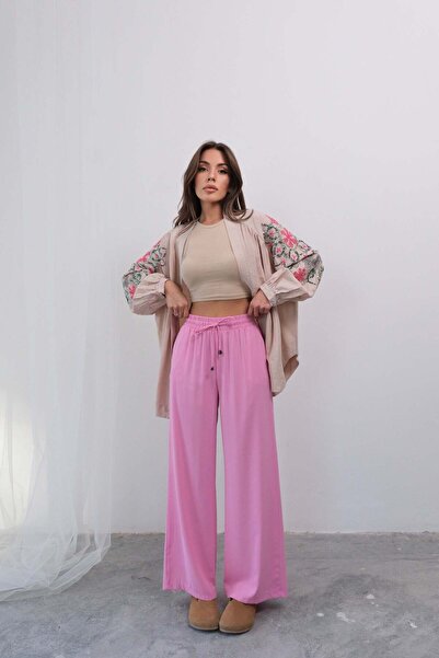 Hatun Atila Relaxed Fit Rope Lace Wide Leg P Palazzo Pants 4316 - Pink
