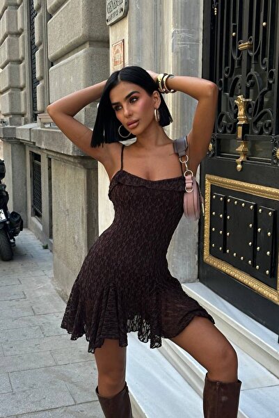 Joana Γυναικείο μοντέρνο καφέ και ροζ χρυσό φόρεμα - Μέγεθος S