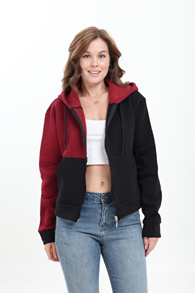 Tight Lady Puff 3-Thread Fleece Inside Asymmetric Color Block Belted Zippered Cardigan