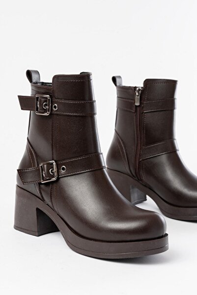 Aymood 5109-3027 Кафяви ежедневни дамски боти с ток и цип