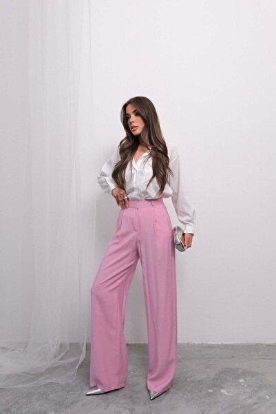Hatun Atila Relaxed Fit High Waist Flowy Double Leg Pants 4318- Pink