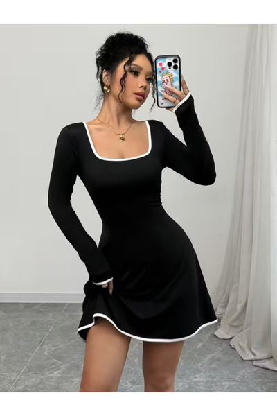 StilVibe Κομψό ασπρόμαυρο μίνι φόρεμα με μακριά μανίκια με ρέλι Editor's Picks