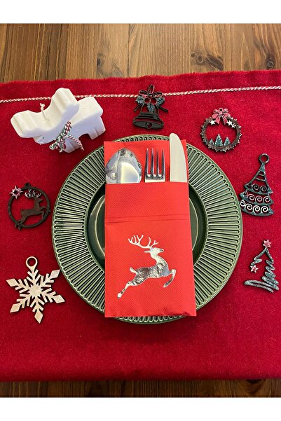 kidspartim Silver Gilded Red Christmas Deer Detailed Pocketed Kangaroo Napkin 12 Pieces