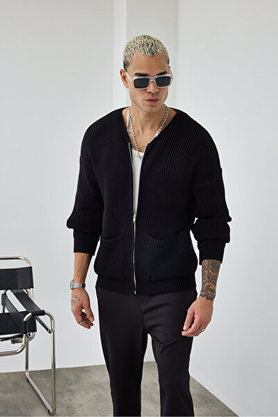 MADZEYMODA Premium Men's Zippered Black Knitwear Cardigan Ls-62003
