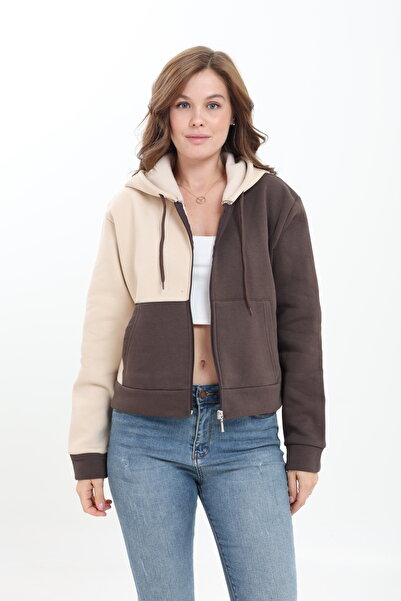 Tight Lady Puff 3-Thread Fleece Inside Asymmetric Color Block Belted Zippered Cardigan