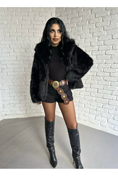 moneta boutique Women's Wide Collar Lined Faux Fur Coat