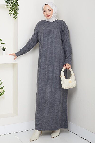 hafsamina Corded Fabric Knitwear Dress Smoked Hm2247