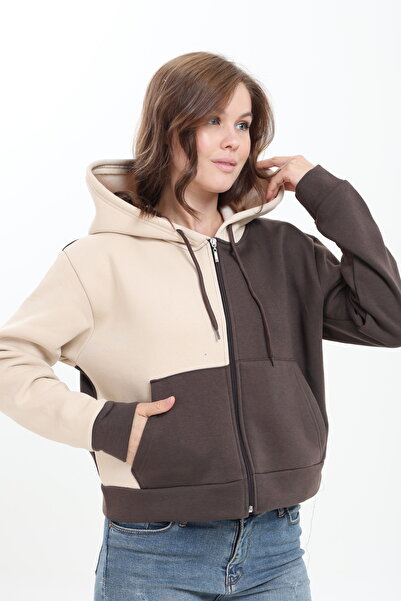 Tight Lady Puff 3-Thread Fleece Inside Asymmetric Color Block Belted Zippered Cardigan