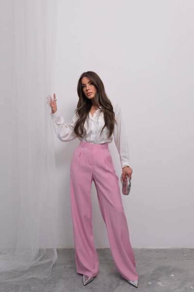 Hatun Atila Relaxed Fit High Waist Flowy Double Leg Pants 4318- Pink