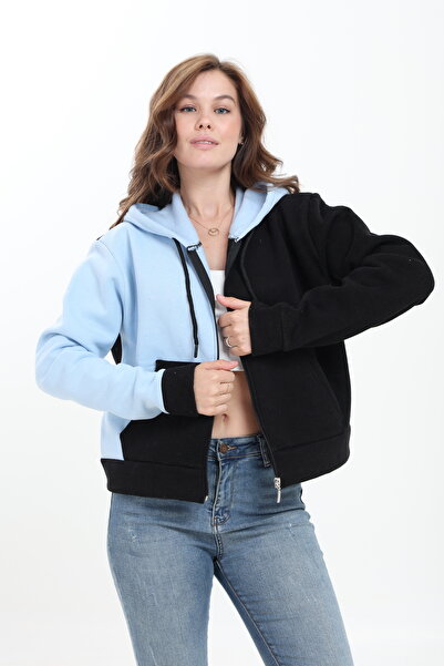 Tight Lady Puff 3-Thread Fleece Inside Asymmetric Color Block Belted Zippered Cardigan