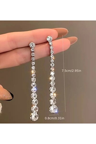 ER TAKI Silver Color Round Stone Long Dangle Stylish Party Engagement Henna Wedding Evening Dress Earrings