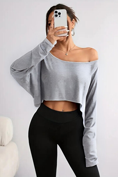 COOL TARZ Black - White - Gray 3-Piece Women's Off-Shoulder Boat Neck Oversized Long Sleeve Crop T-Shirt