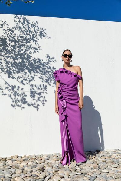 KAMEYA TEK OMUZ VOLANLI ELBİSE 26W40802