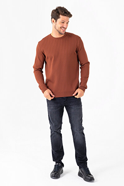 JB John Borners Men's Crew Neck Corded Fabric Knitwear Sweater Brown - K-2602