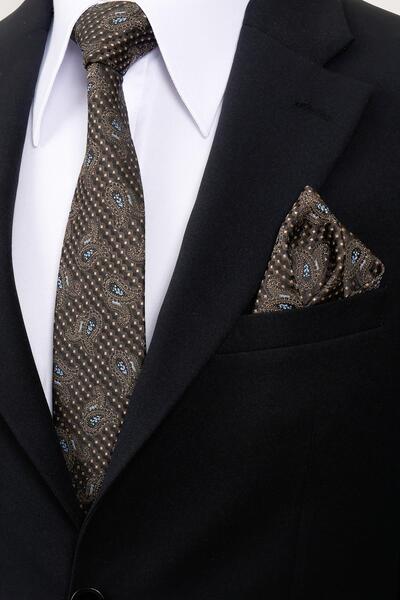 Esgue 8 cm Brown Blue Shawl Pattern Hand Made Classic Wide Handkerchief Tie