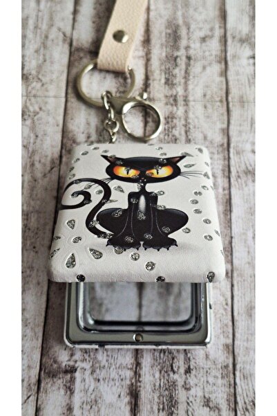 Svc Aksesuar Mirror Keychain with Stones and Cat - Bag Ornament - Height 25 cm Width 6 cm