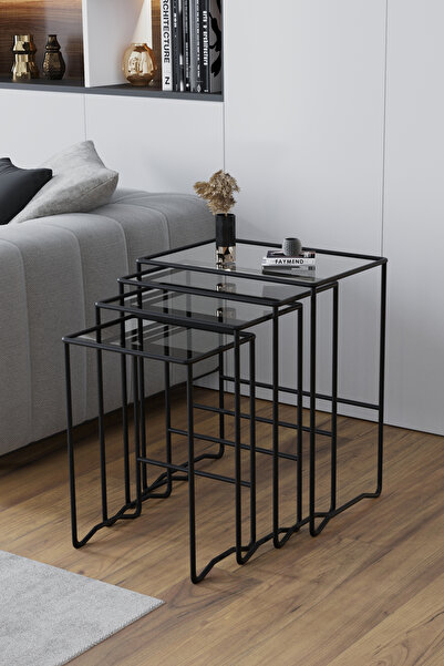 FAYMEND MİMOZA 4 lü Zigon Sehpa, Metal Sehpa, Cam Sehpa 'SİYAH - ŞEFFAF'