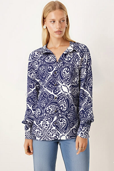 armonika Women's Navy Blue-White Patterned Long Sleeve Shirt Arm-22K001123