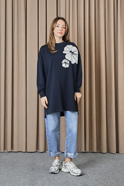 Puane Women's Shoulder Flower Printed Tunic - 10743Tun - Navy