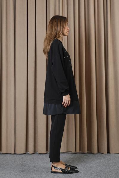 Puane Women's Floral Embroidered and Embroidered g Paneled Tunic - 10739Tun - Black