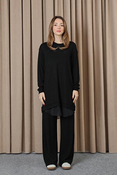 Puane Women's Ribbed Knit Knitwear Look Chiffon Detailed Set - 14401Tkm - Black